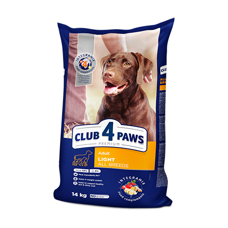 CLUB 4 PAWS Premium LIGHT. Сomplete dry pet food for weight control for adult dogs of all breeds