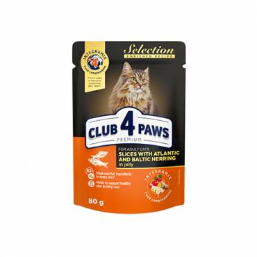 CLUB 4 PAWS PREMIUM "SLICES WITH ATLANTIC HERRING  AND BALTIC HERRING IN JELLY". СOMPLETE CANNED PET FOOD FOR ADULT CATS