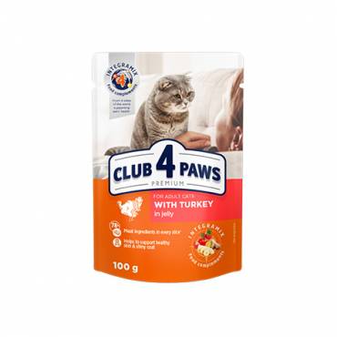 CLUB 4 PAWS PREMIUM "WITH TURKEY IN JELLY". СOMPLETE CANNED PET FOOD FOR ADULT CATS