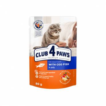 CLUB 4 PAWS PREMIUM " WITH COD FISH IN JELLY ". СOMPLETE CANNED PET FOOD FOR ADULT CATS