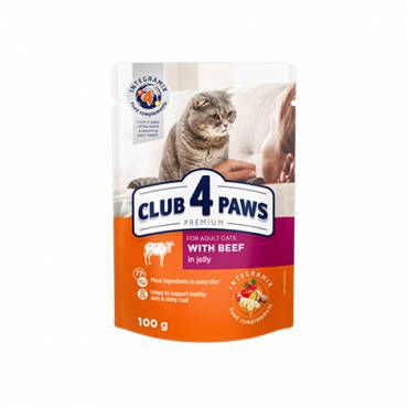 CLUB 4 PAWS PREMIUM "WITH BEEF IN JELLY". СOMPLETE CANNED PET FOOD FOR ADULT CATS