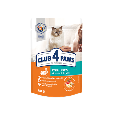 CLUB 4 PAWS PREMIUM "WITH RABBIT IN JELLY". СOMPLETE CANNED PET FOOD FOR ADULT STERILISED CATS