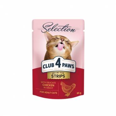 CLUB 4 PAWS PREMIUM "STRIPS WITH CHICKEN IN GRAVY". СOMPLETE CANNED PET FOOD FOR ADULT CATS