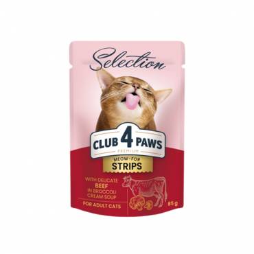 CLUB 4 PAWS PREMIUM " STRIPS WITH BEEF IN BROCCOLI CREAM SOUP". СOMPLETE CANNED PET FOOD FOR ADULT CATS