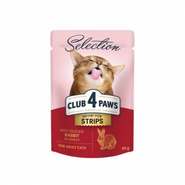 CLUB 4 PAWS PREMIUM "STRIPS WITH RABBIT IN GRAVY". СOMPLETE CANNED PET FOOD FOR ADULT CATS
