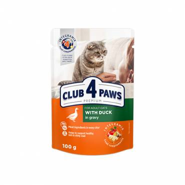 CLUB 4 PAWS PREMIUM " WITH DUCK IN GRAVY ". СOMPLETE CANNED PET FOOD FOR ADULT CATS