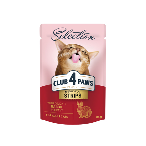 CLUB 4 PAWS PREMIUM "STRIPS WITH RABBIT IN GRAVY". СOMPLETE CANNED PET FOOD FOR ADULT CATS