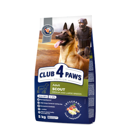 CLUB 4 PAWS PREMIUM «SCOUT» . СOMPLETE DRY PET FOOD FOR ADULT WORKING DOGS MEDIUM AND LARGE BREEDS