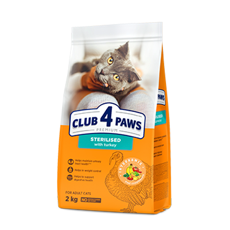CLUB 4 PAWS PREMIUM "WITH TURKEY". СOMPLETE DRY PET FOOD FOR ADULT STERILISED CATS