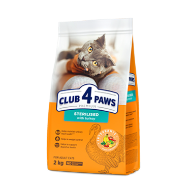 CLUB 4 PAWS PREMIUM "WITH TURKEY". СOMPLETE DRY PET FOOD FOR ADULT STERILISED CATS