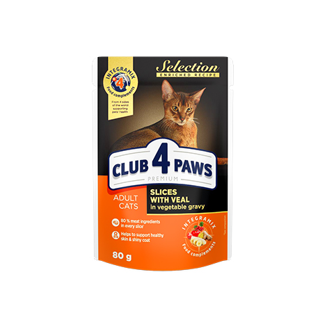 CLUB 4 PAWS Premium "Slices with veal in vegetable gravy". Сomplete canned pet food for adult cats