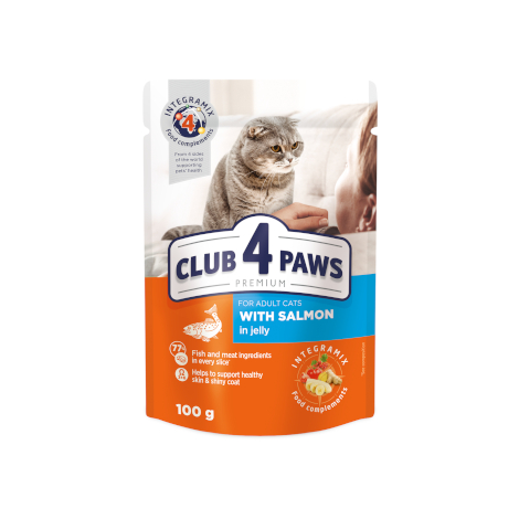 CLUB 4 PAWS Premium "With salmon in jelly". Сomplete canned pet food for adult cats