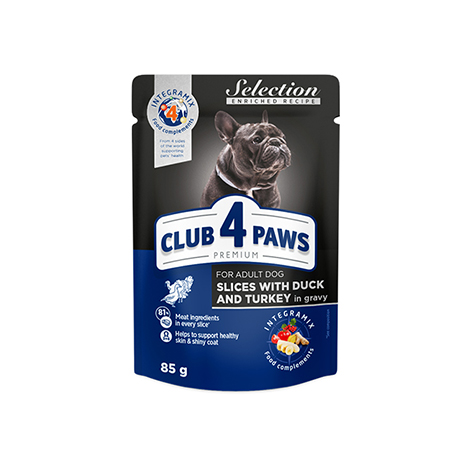 CLUB 4 PAWS PREMIUM "SLICES WITH DUCK AND TURKEY IN GRAVY". COMPLETE CANNED PET FOOD FOR ADULT DOGS OF SMALL BREEDS