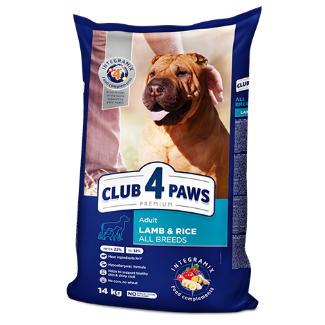 CLUB 4 PAWS Premium "Lamb and Rice" for adult dogs of all breeds. Сomplete dry pet food