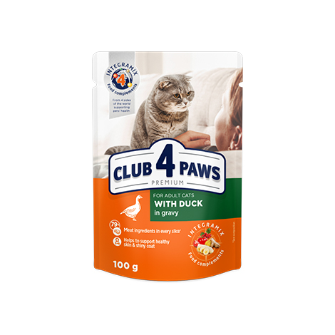 CLUB 4 PAWS PREMIUM " WITH DUCK IN GRAVY ". СOMPLETE CANNED PET FOOD FOR ADULT CATS