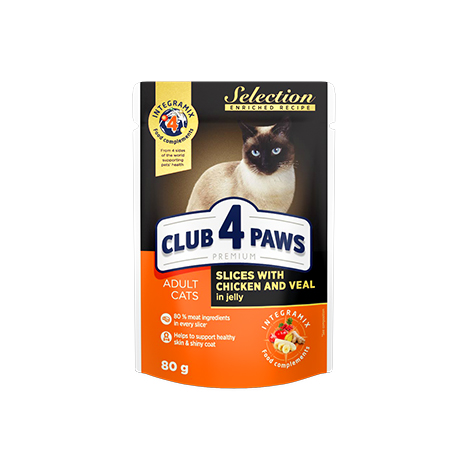 CLUB 4 PAWS Premium "Slices with chicken and veal in jelly". Сomplete canned pet food for adult cats