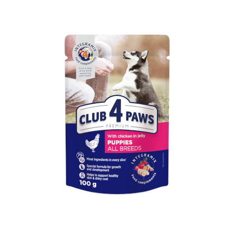 CLUB 4 PAWS Premium for puppies "With chicken in jelly". Complete canned pet food