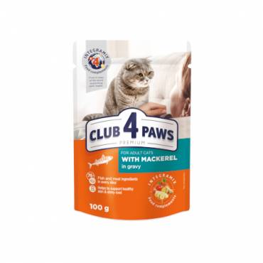 CLUB 4 PAWS Premium "With mackerel in gravy". Сomplete canned pet food for adult cats