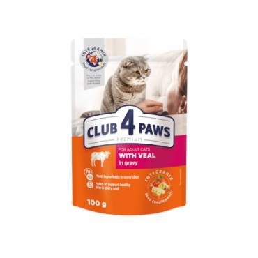 CLUB 4 PAWS Premium "With veal in gravy". Сomplete canned pet food for adult cats