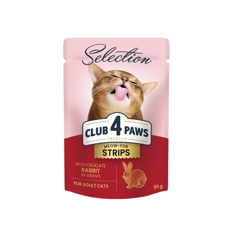 CLUB 4 PAWS Premium "Slices with rabbit and turkey in gravy". Сomplete canned pet food for adult cats