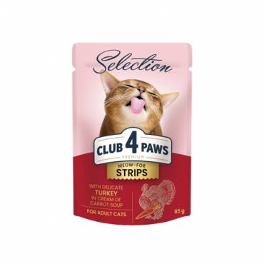 CLUB 4 PAWS PREMIUM "STRIPS WITH TURKEY IN CREAM OF CARROT SOUP". СOMPLETE CANNED PET FOOD FOR ADULT CATS