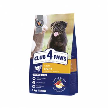 CLUB 4 PAWS PREMIUM LIGHT. СOMPLETE DRY PET FOOD FOR WEIGHT CONTROL FOR ADULT DOGS OF SMALL BREEDS STERILISED OR PRONE TO BEING OVERWEIGHT. HIGH IN TURKEY