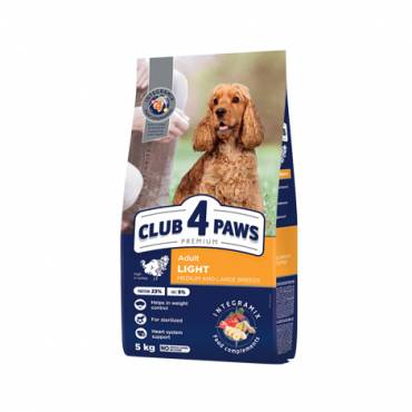 CLUB 4 PAWS PREMIUM LIGHT. СOMPLETE DRY PET FOOD FOR WEIGHT CONTROL FOR ADULT DOGS OF MEDIUM AND LARGE BREEDS STERILISED OR PRONE TO BEING OVERWEIGHT. HIGH IN TURKEY