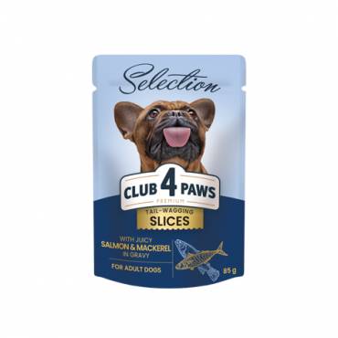 CLUB 4 PAWS PREMIUM PLUS "SLICES WITH SALMON AND MACKEREL IN GRAVY". COMPLETE CANNED PET FOOD FOR ADULT DOGS OF SMALL BREEDS