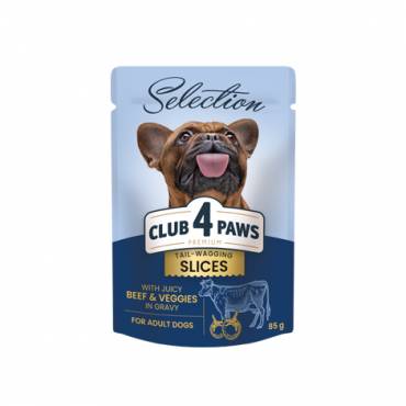 CLUB 4 PAWS PREMIUM PLUS "SLICES WITH BEEF AND VEGGIES IN GRAVY". COMPLETE CANNED PET FOOD FOR ADULT DOGS OF SMALL BREEDS