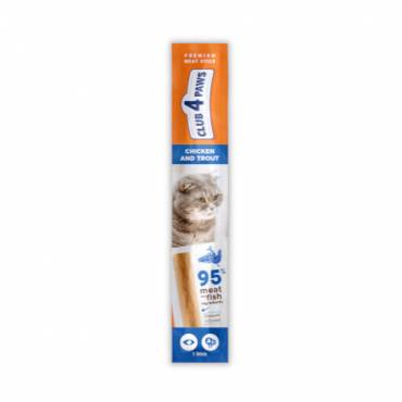 CLUB 4 PAWS PREMIUM MEATY STICK: CHICKEN AND TROUT. COMPLEMENTARY PET FOOD FOR CATS