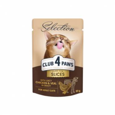CLUB 4 PAWS PREMIUM PLUS "SLICES WITH CHICKEN AND VEAL IN GRAVY". СOMPLETE CANNED PET FOOD FOR ADULT CATS
